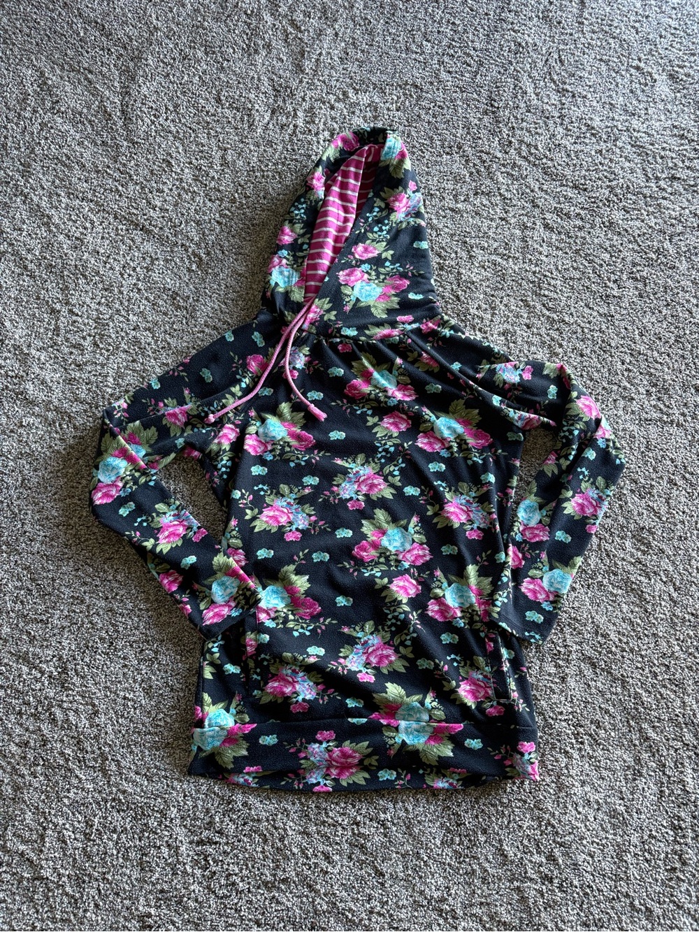 Floral Hooded Pullover Sweatshirt - Black with Pink & Teal Flowers
